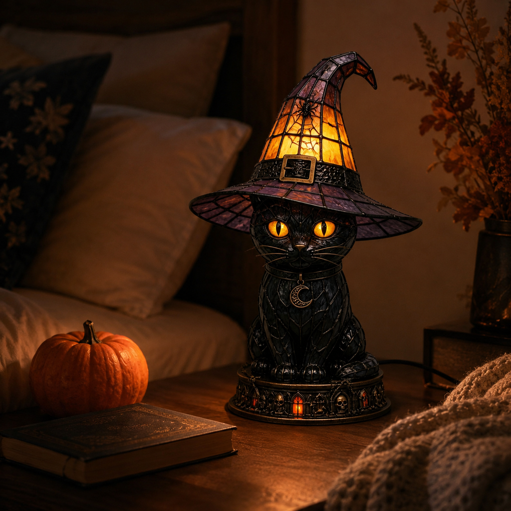 Halloween Witch Cat Stained Glass Lamp
