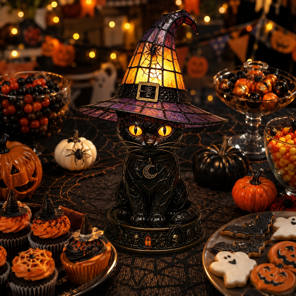 Halloween Witch Cat Stained Glass Lamp