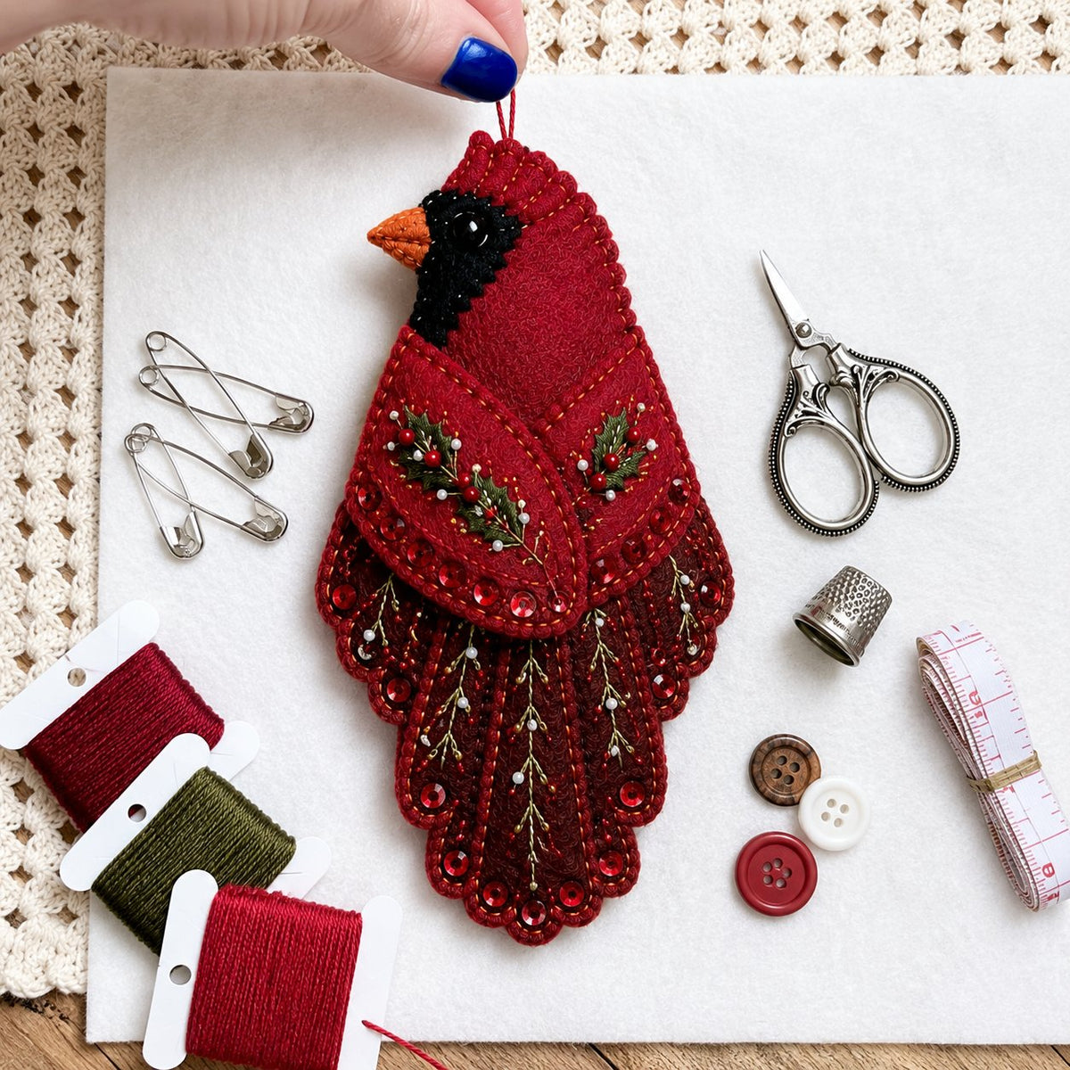 🐦 Bird-Shaped Felt Sewing Organizer DIY Kit - Cardinal