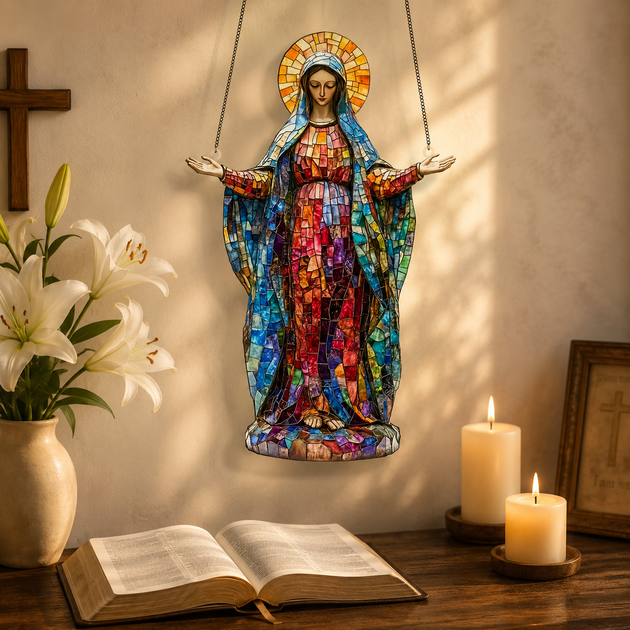 Virgin Mary Acrylic Window Hanging Decor, Stained Glass Style Religious Suncatcher Ornament with Chain, Catholic Christian Gift for Home, Church, Prayer Room, Christmas and Easter