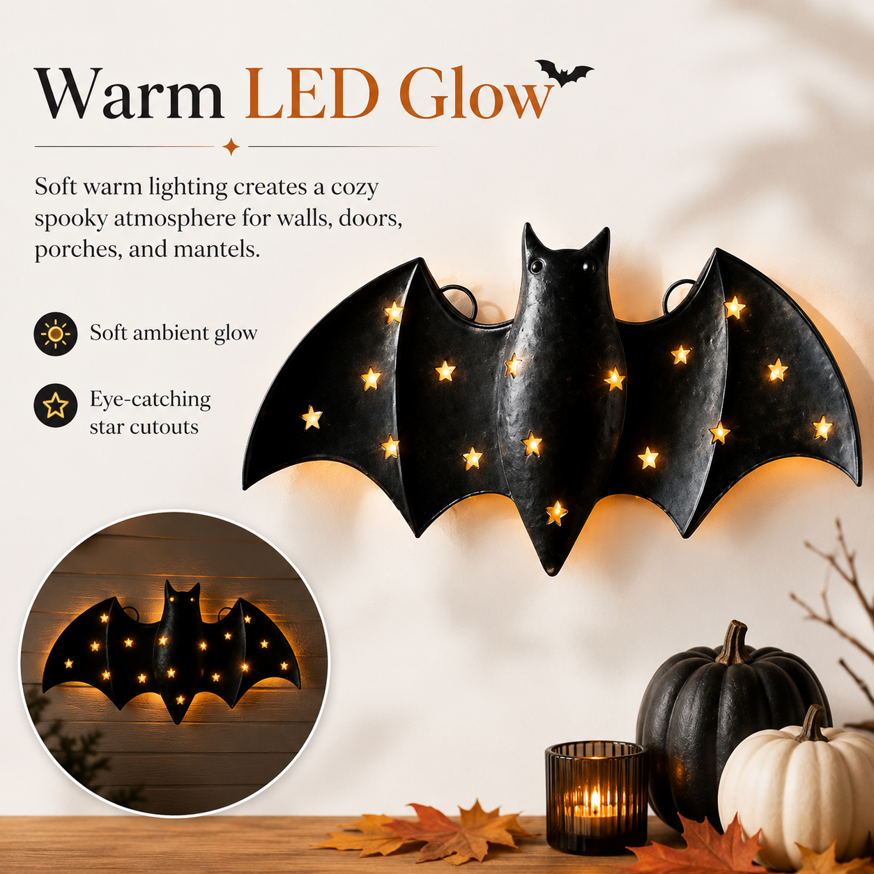 1pcs / Lighted Metal Bat Wall Decor -- 7.9 x 3.9 in Black Iron Bat Wall Hanging with Warm LED Glow