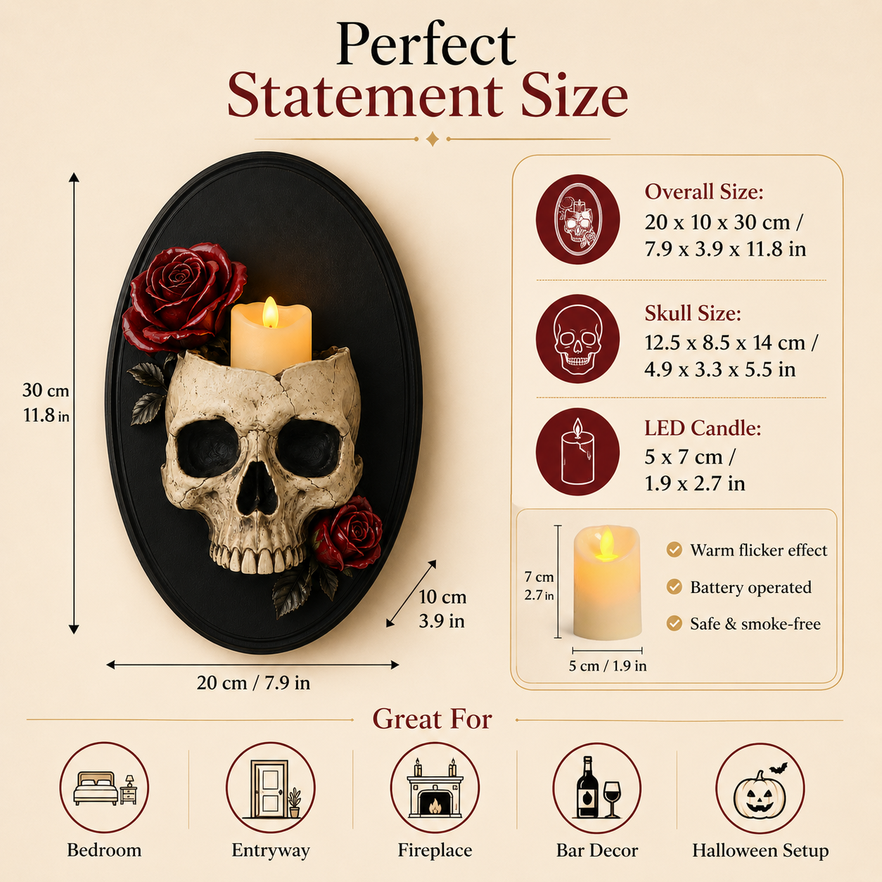 Gothic Skull Wall Candle Holder with Red Roses - Black Oval Wall Sconce Decor 🖤🌹