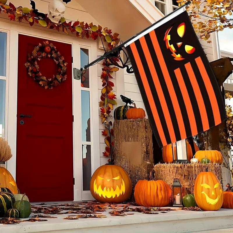 Halloween Pumpkin Stripe Garden Flag – Spooky Jack-O’-Lantern Porch Yard Banner Decor
