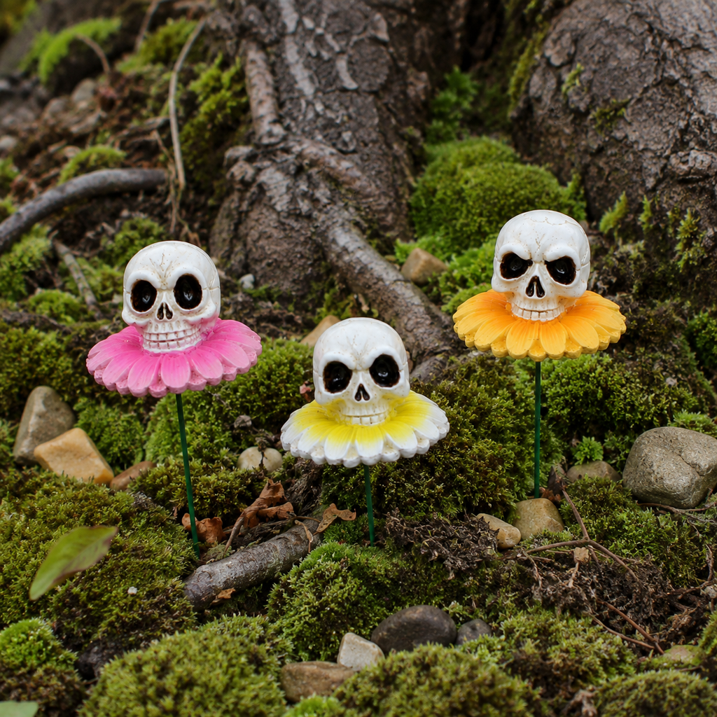 3pcs/Lot Gothic Dark Skull And Flower Figurine