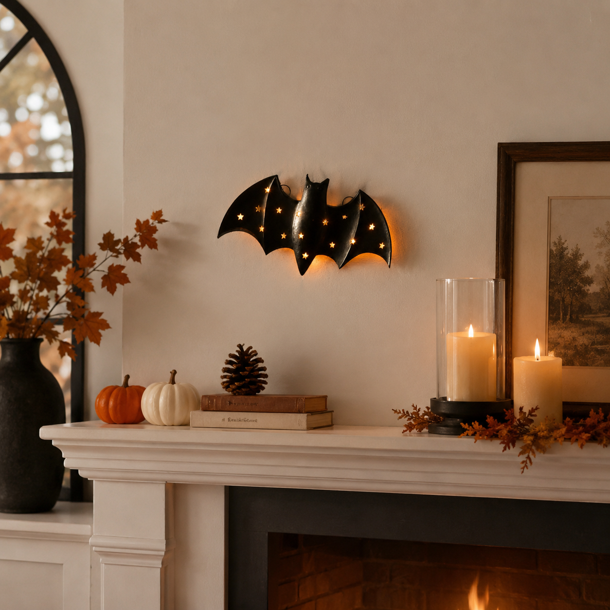 1pcs / Lighted Metal Bat Wall Decor -- 7.9 x 3.9 in Black Iron Bat Wall Hanging with Warm LED Glow