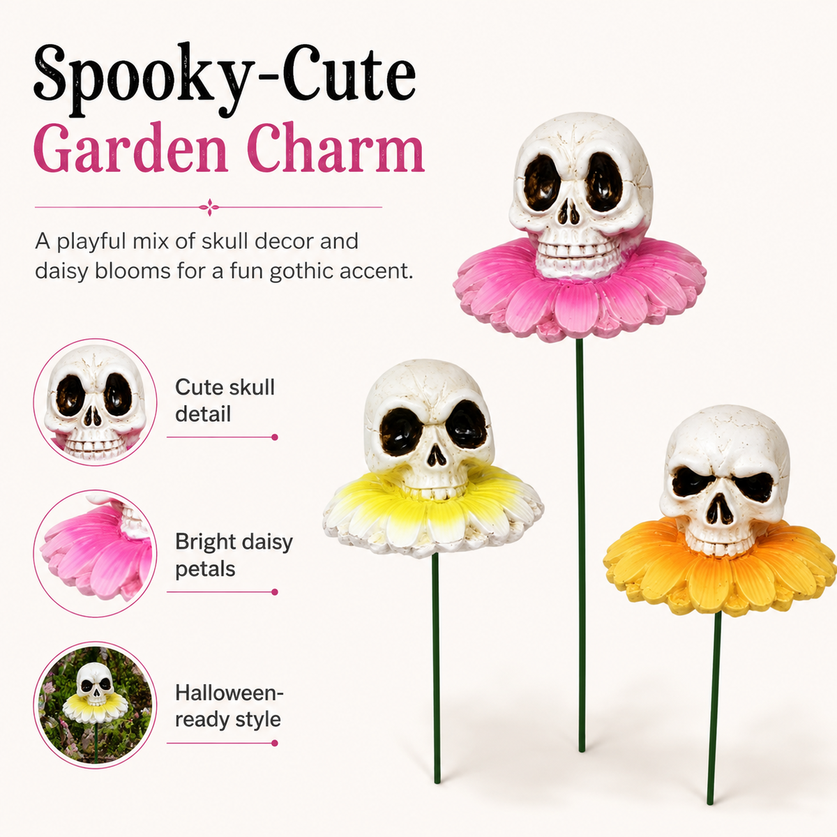 3pcs/Lot Gothic Dark Skull And Flower Figurine