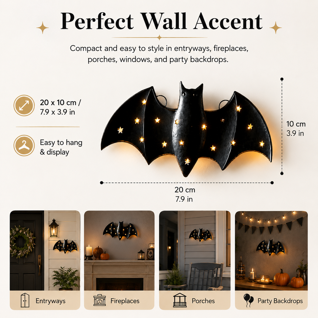 1pcs / Lighted Metal Bat Wall Decor -- 7.9 x 3.9 in Black Iron Bat Wall Hanging with Warm LED Glow