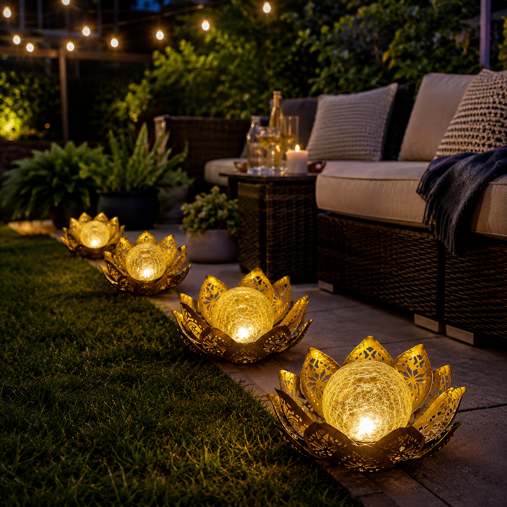 Solar Lotus Garden Light with Crackle Glass Globe