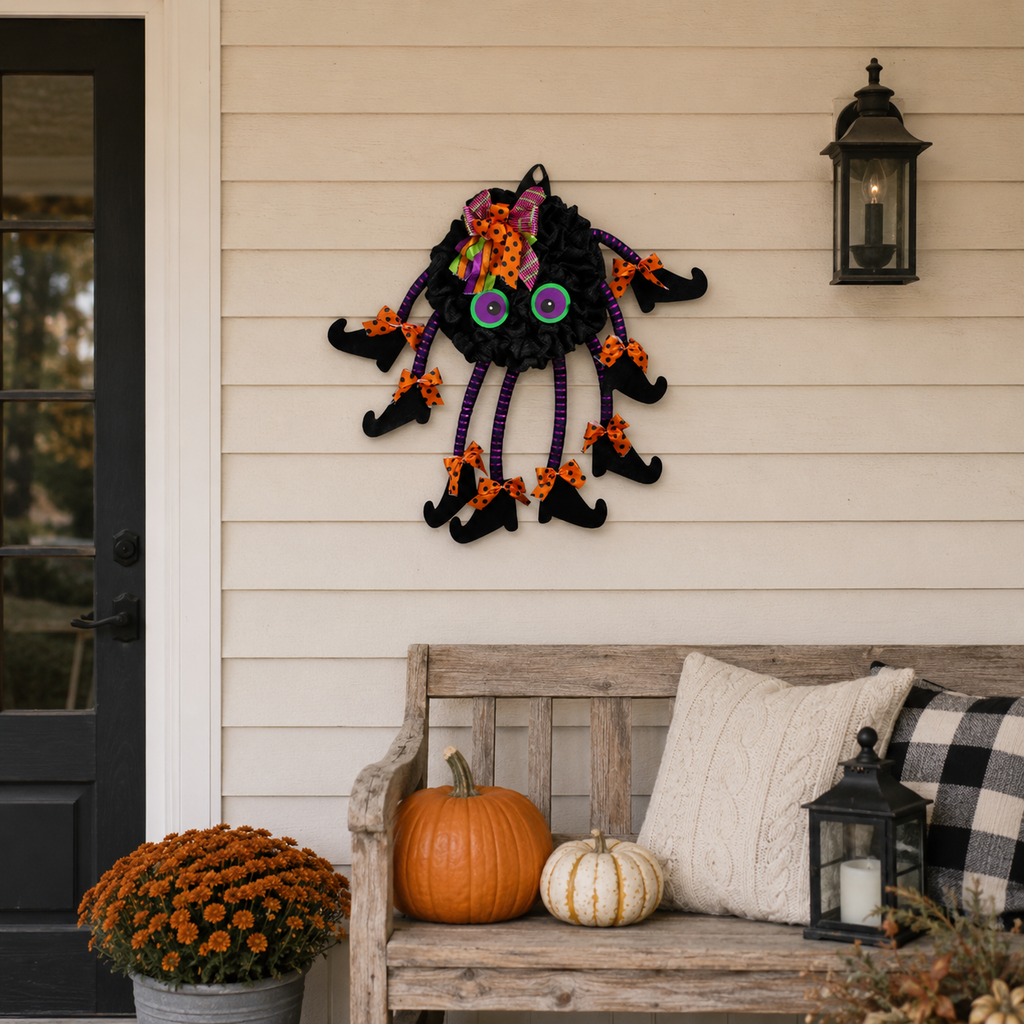 Halloween Spider Door Hanger--21.7 Inch Black Spider Wreath with Witch Legs