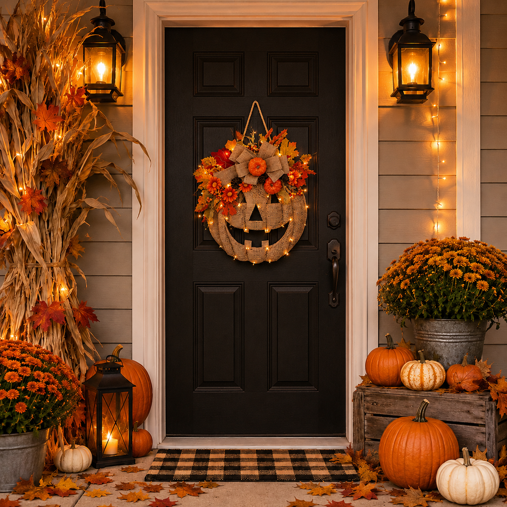 Lighted Burlap Pumpkin Wreath with Remote Control 🎃✨ Cozy Fall Door Decor with 8 Light Modes & Warm LED Glow
