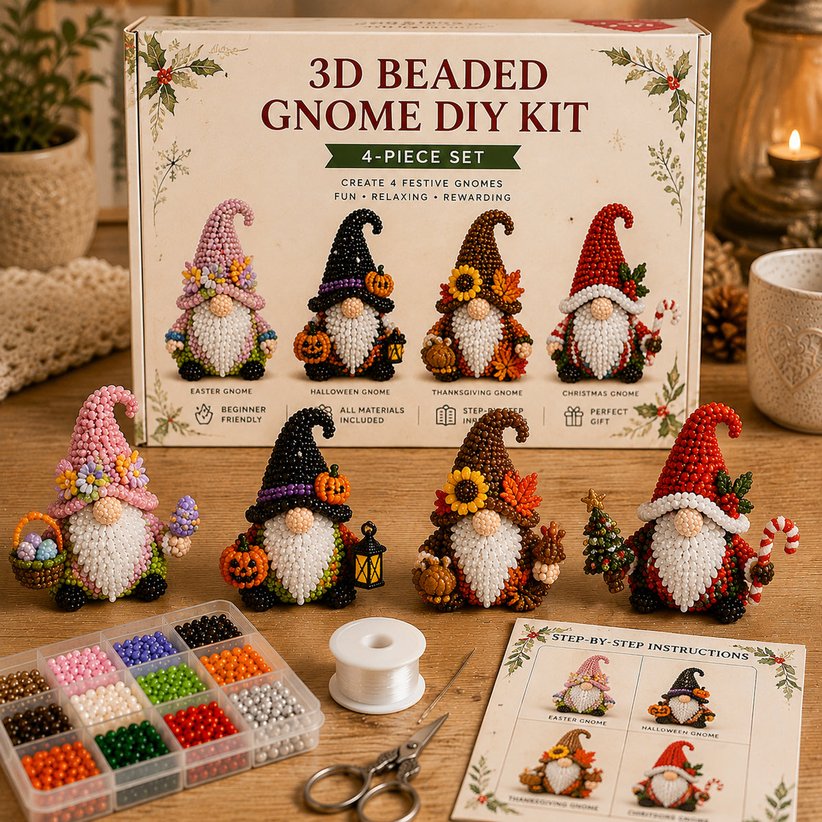 3D Beaded Gnome DIY Kit – Collectible Gnome Craft Set (4-Piece Series Collection)