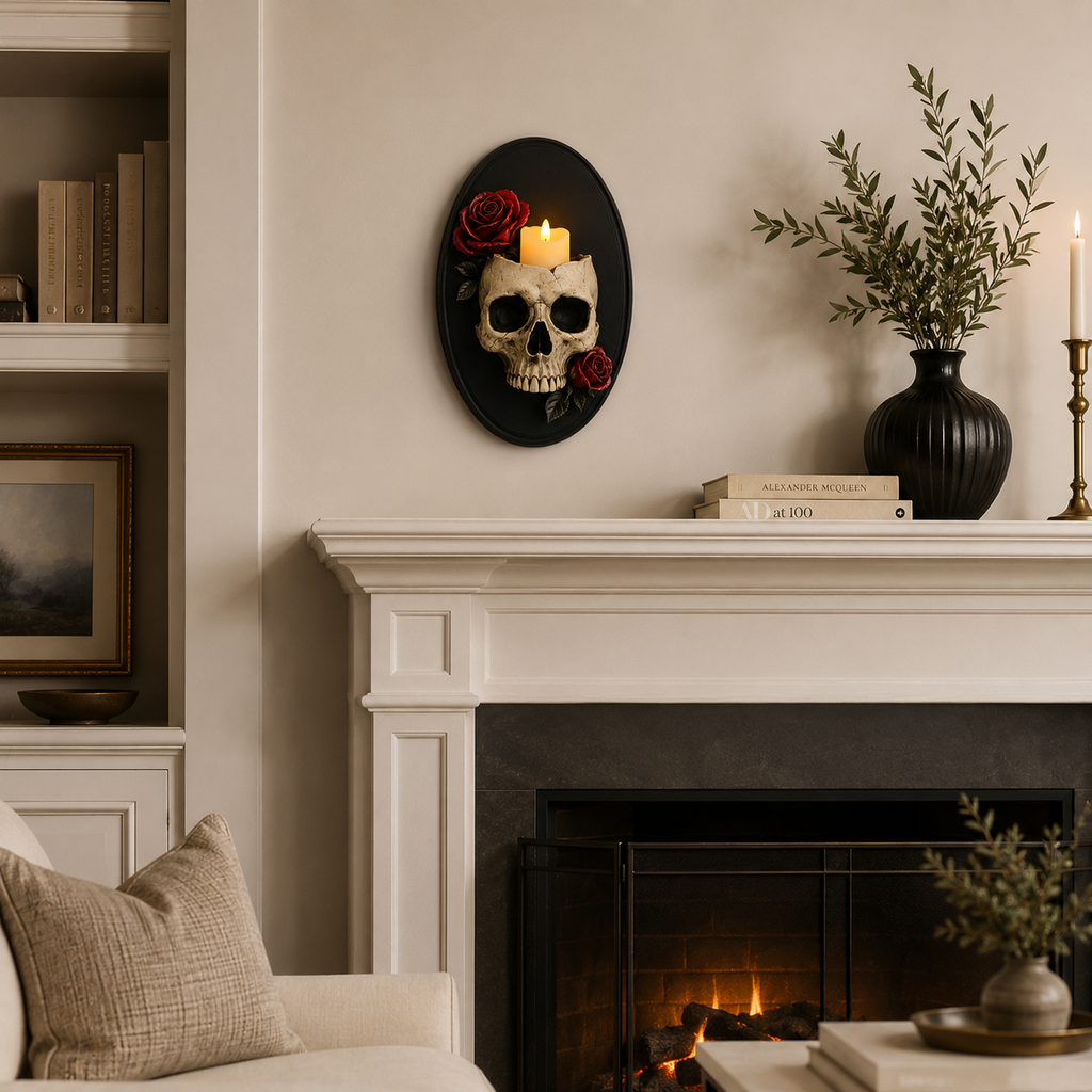 Gothic Skull Wall Candle Holder with Red Roses - Black Oval Wall Sconce Decor 🖤🌹