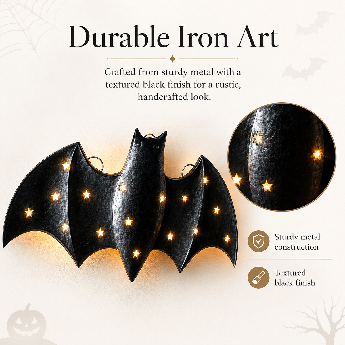 1pcs / Lighted Metal Bat Wall Decor -- 7.9 x 3.9 in Black Iron Bat Wall Hanging with Warm LED Glow