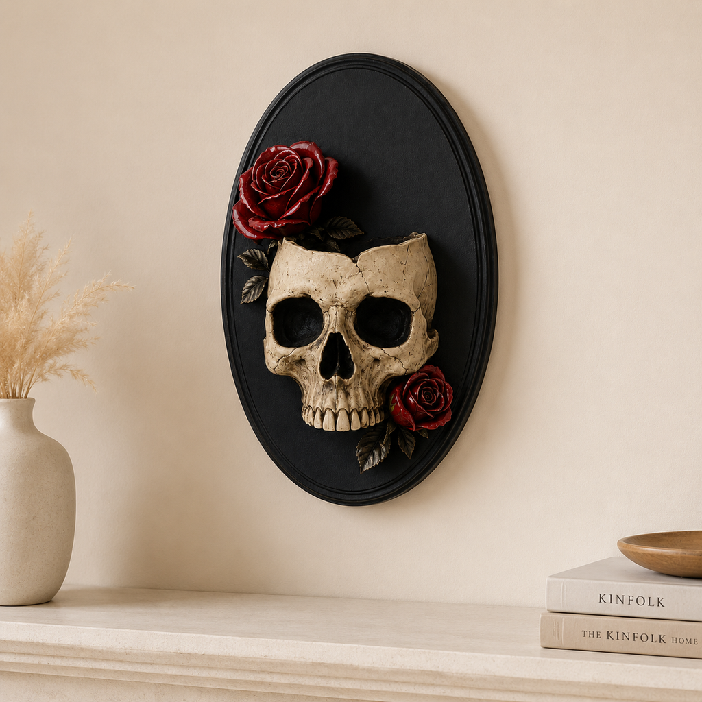 Gothic Skull Wall Candle Holder with Red Roses - Black Oval Wall Sconce Decor 🖤🌹