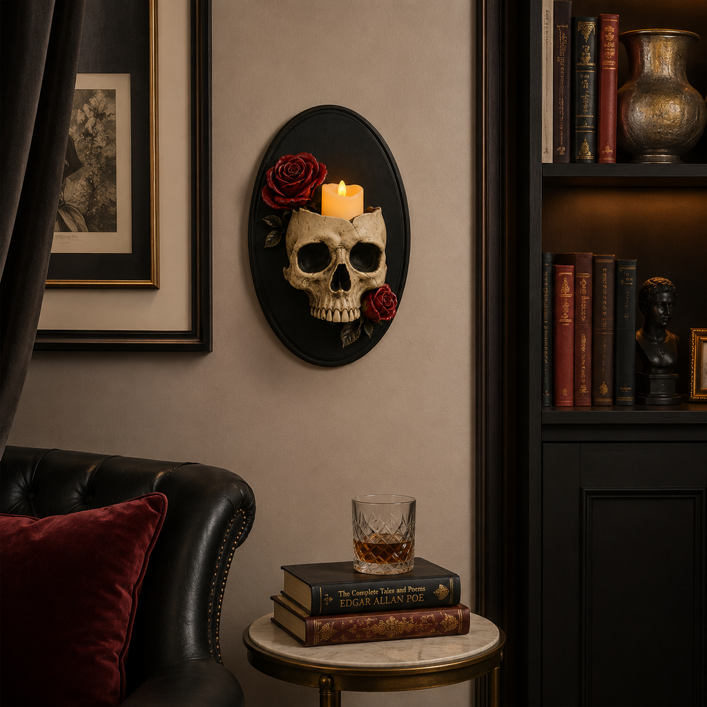 Gothic Skull Wall Candle Holder with Red Roses - Black Oval Wall Sconce Decor 🖤🌹