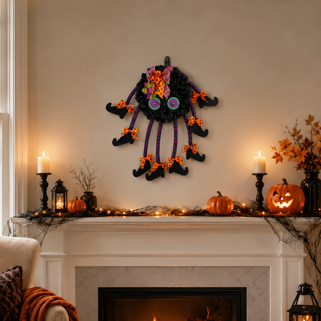 Halloween Spider Door Hanger--21.7 Inch Black Spider Wreath with Witch Legs