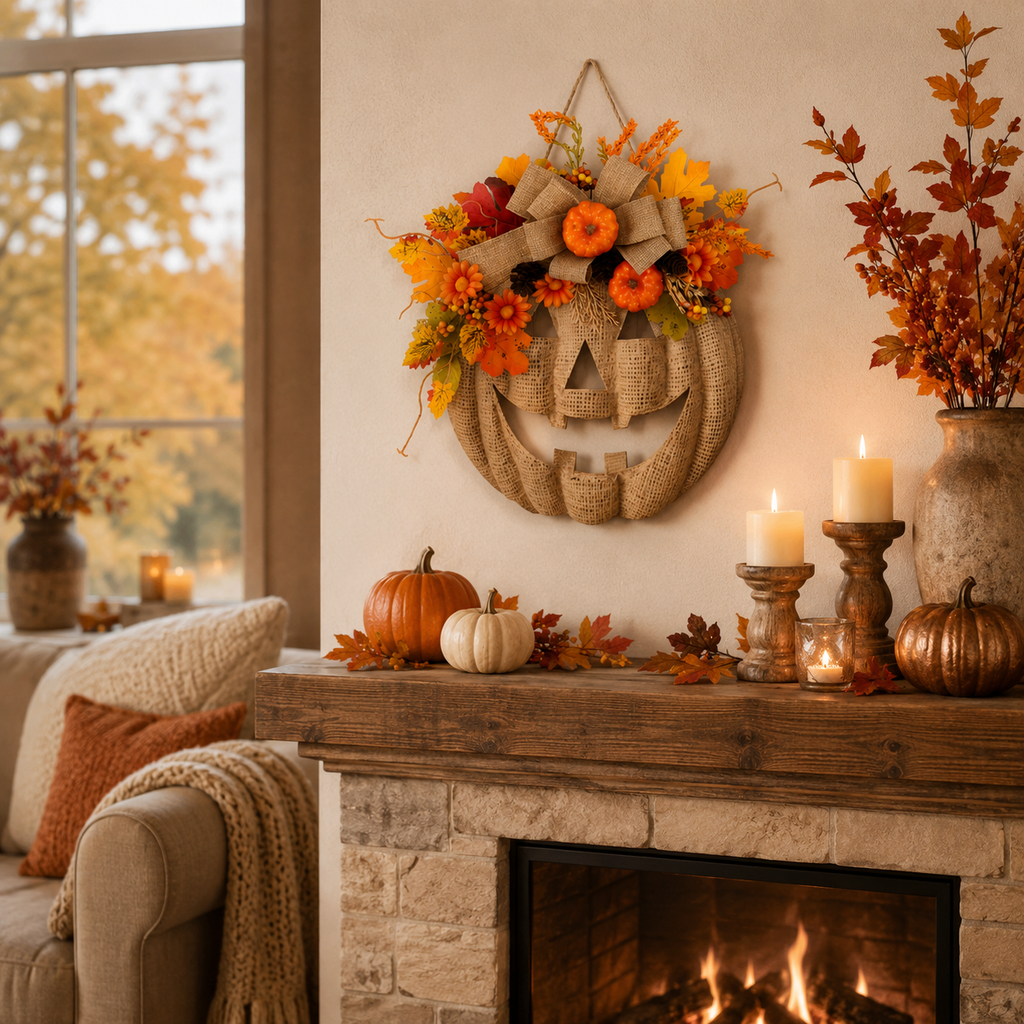 Lighted Burlap Pumpkin Wreath with Remote Control 🎃✨ Cozy Fall Door Decor with 8 Light Modes & Warm LED Glow