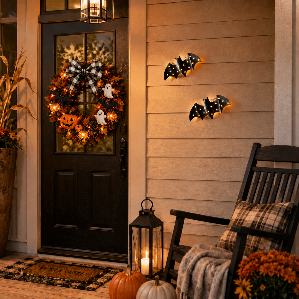 1pcs / Lighted Metal Bat Wall Decor -- 7.9 x 3.9 in Black Iron Bat Wall Hanging with Warm LED Glow