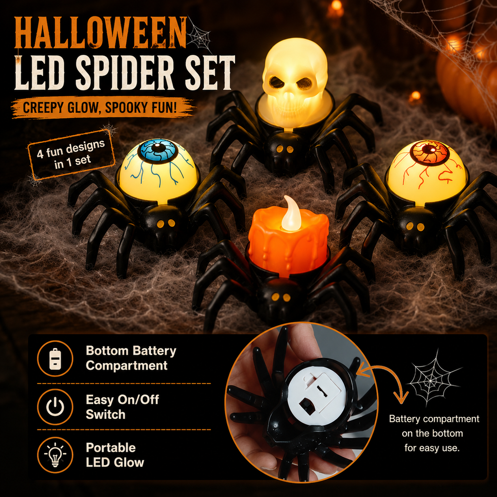 4-Pack Light-Up Spider Halloween Bracelets & Table Decor Set