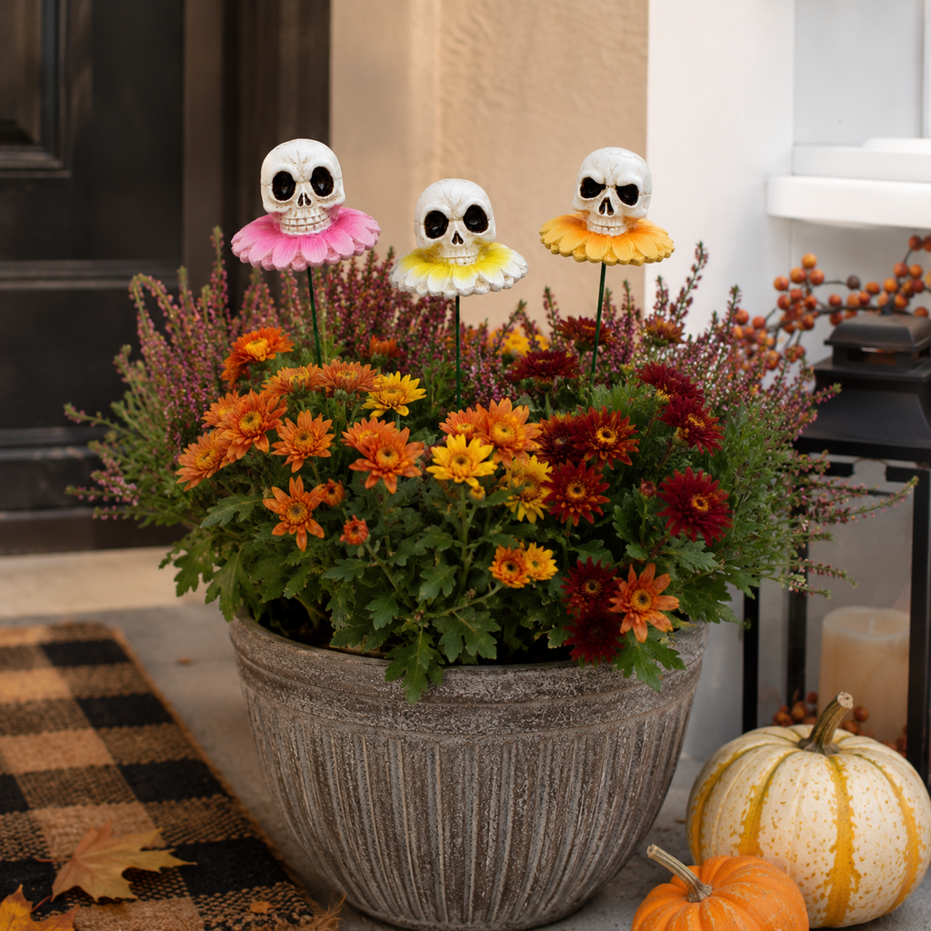 3pcs/Lot Gothic Dark Skull And Flower Figurine