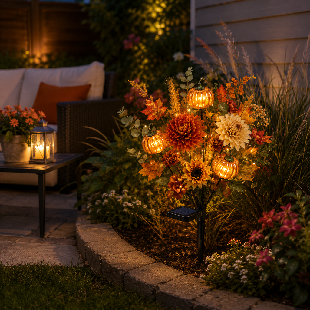 🌻 Solar Pumpkin Garden Stake Lights – Fall Artificial Flower Outdoor Decor