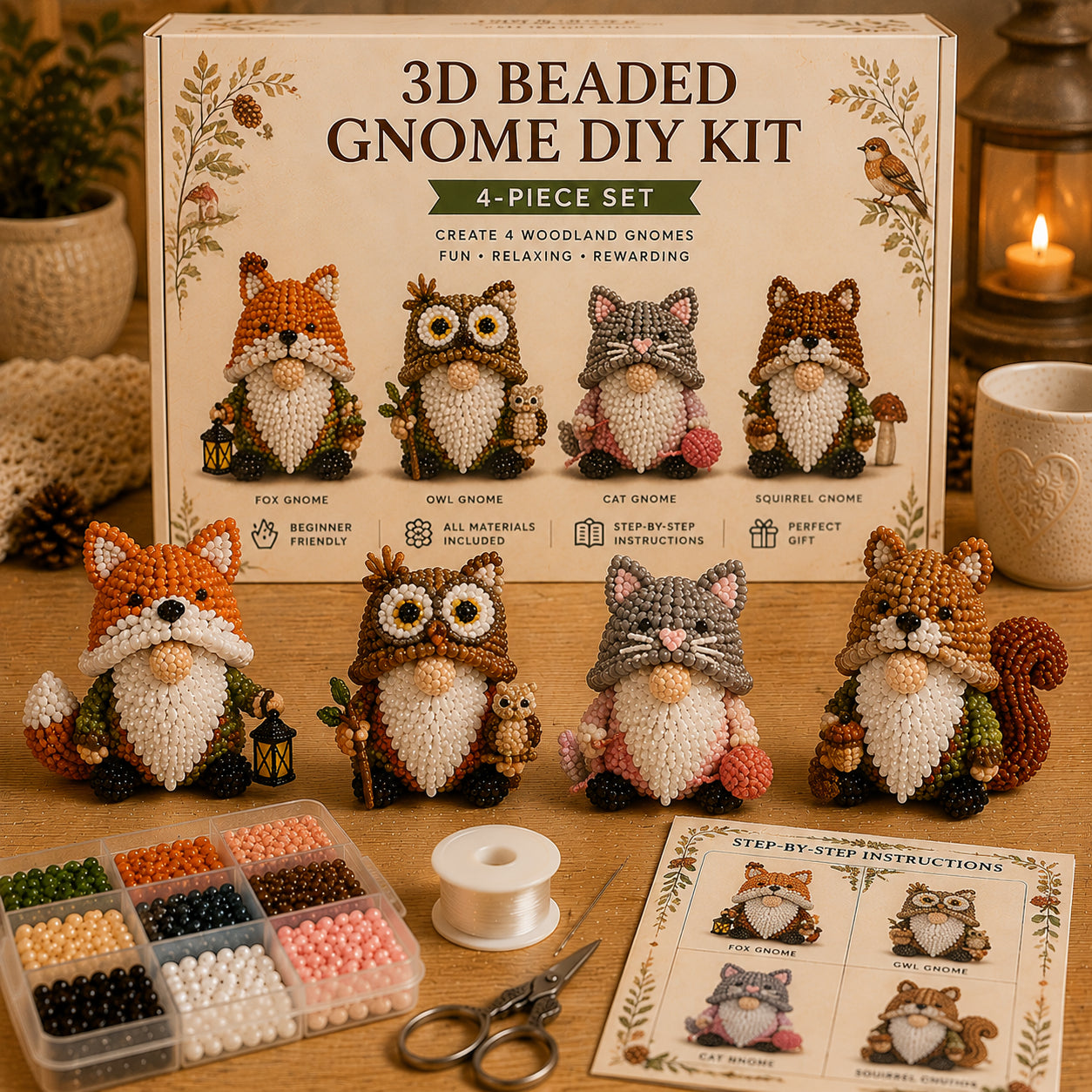 3D Beaded Gnome DIY Kit – Collectible Gnome Craft Set (4-Piece Series Collection)