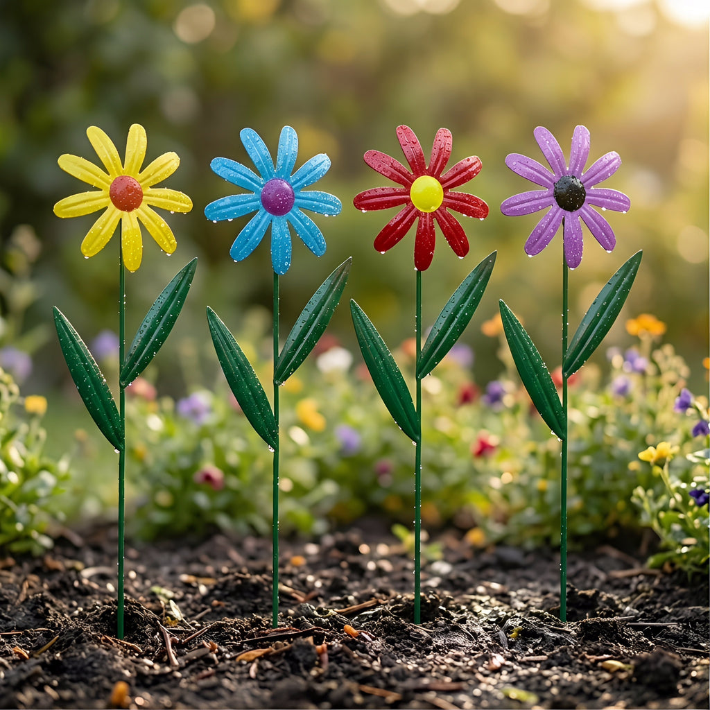 Set of 4 Metal Flower Garden Stakes