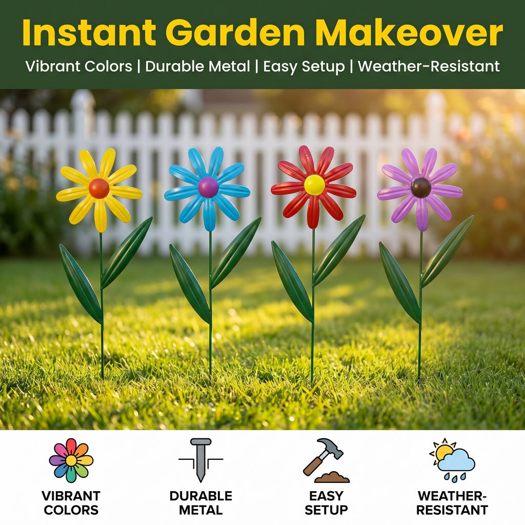 Set of 4 Metal Flower Garden Stakes